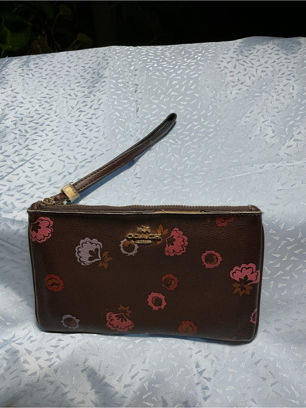 Coach Brown Floral Leather Wristlet Clutch with Pink & Red Accents